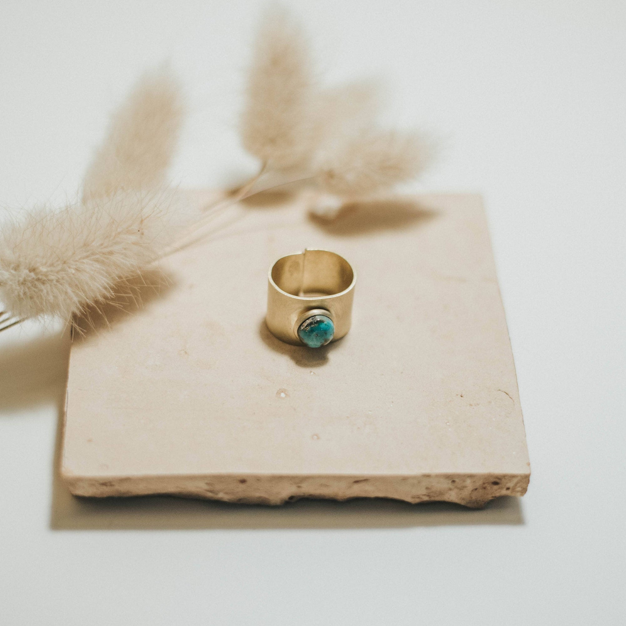 Nile Adjustable Solid Brass Single Stone Ring with Turquoise