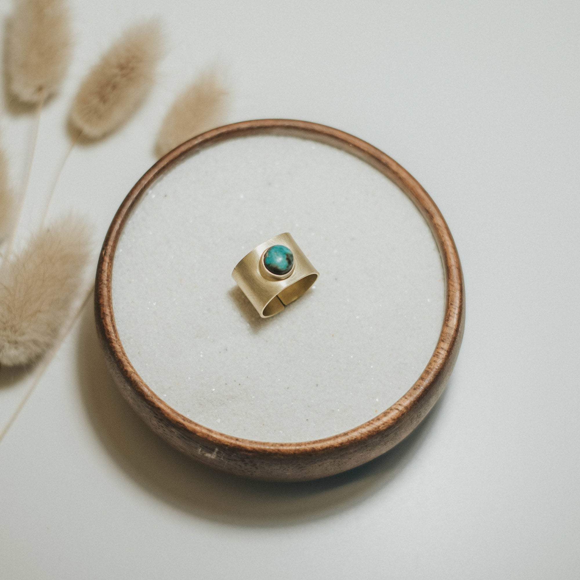 Nile Adjustable Solid Brass Single Stone Ring with Turquoise