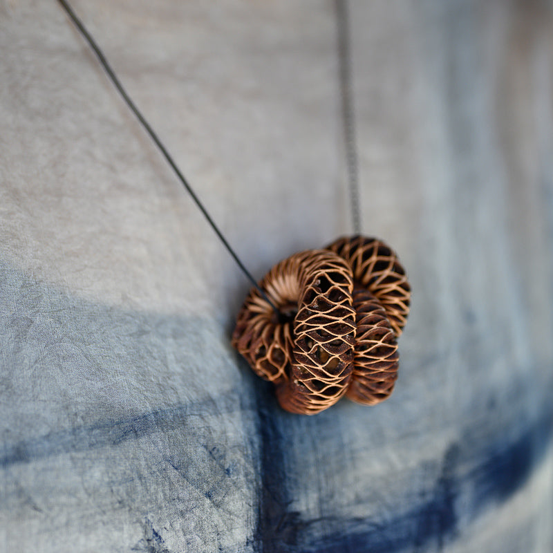 Copper Spiral Necklace, Black Rope - Adjustable Length , with